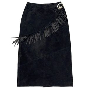 Vintage Black Suede Boho Leather Skirt with Fringe